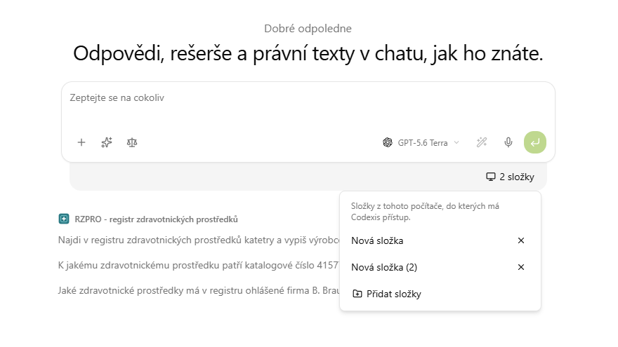 Seznam připojených složek s tlačítkem Přidat složky