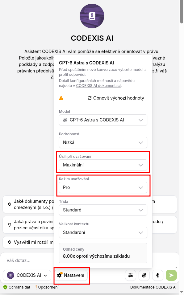 GPT-6 Astra settings in the Czech CODEXIS AI interface, with maximum reasoning effort and Pro mode selected