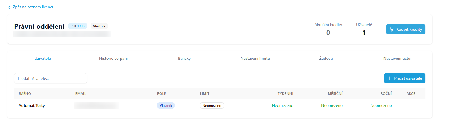 Detail zdieľaného účtu Právne oddelenie