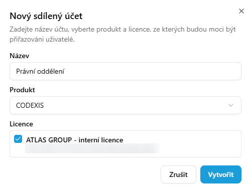 Dialóg Nový zdieľaný účet