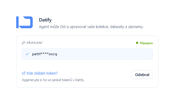 Aplikace Datify v Agentovi: připojený účet