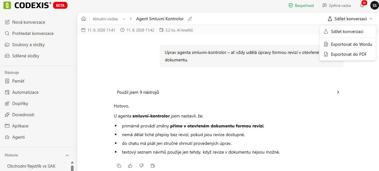 Export konverzace do Wordu a PDF