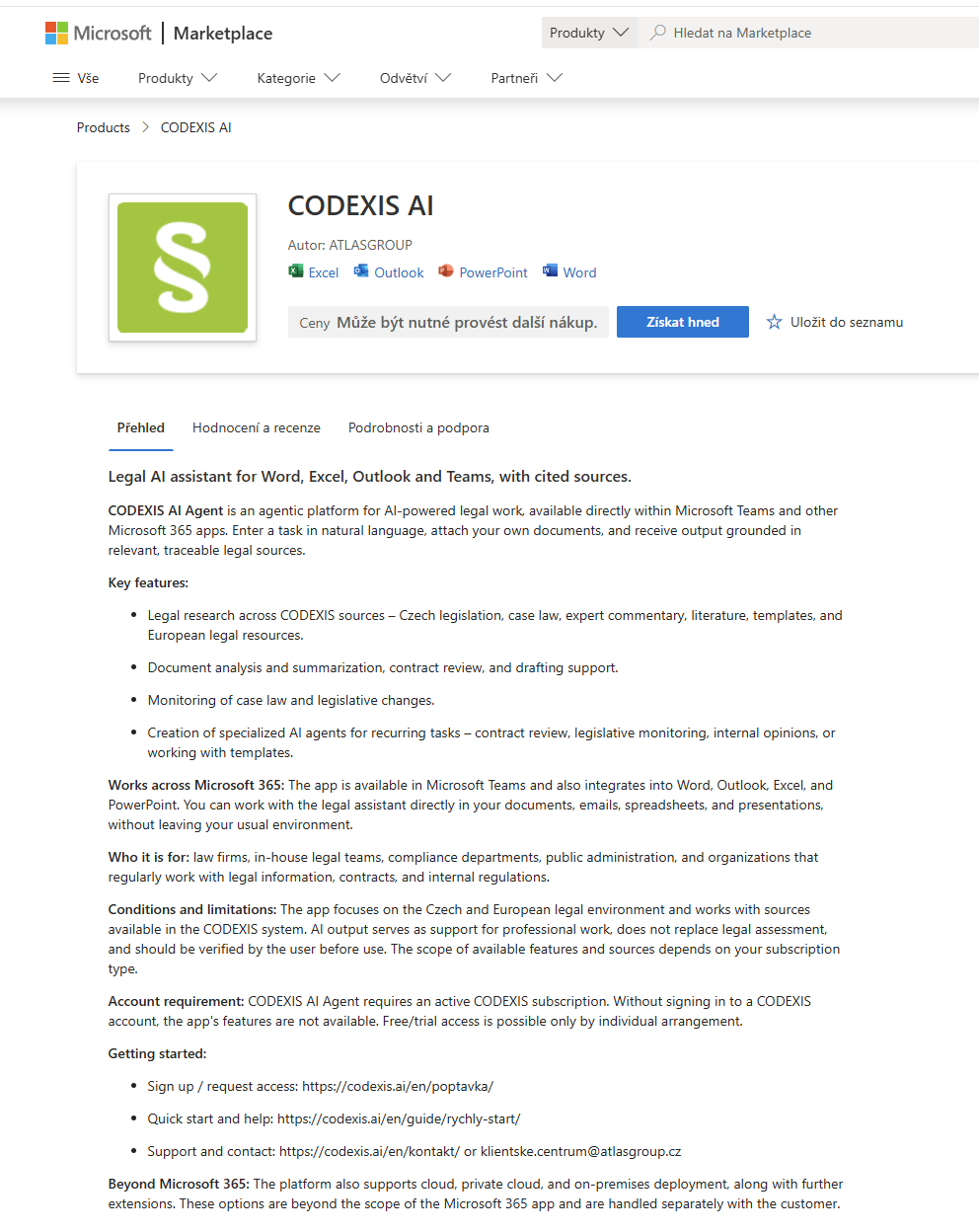 CODEXIS AI na Microsoft Marketplace: doplněk pro Word, Excel, Outlook a PowerPoint