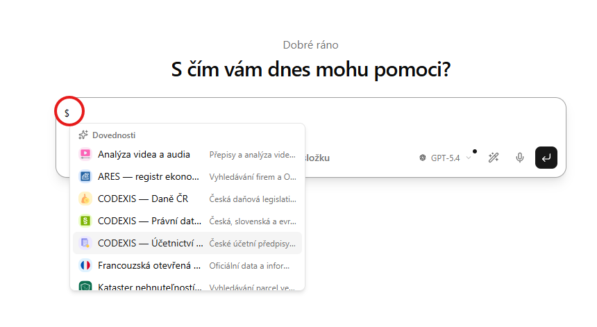 Našeptávač dovedností a agentů přes znak $