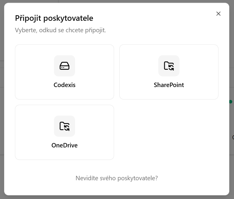 Připojit poskytovatele: Codexis, SharePoint, OneDrive