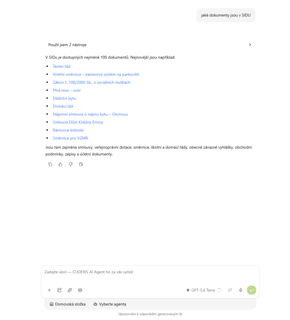 Chat: dokumenty ze SIDu v CODEXIS AI Agentovi