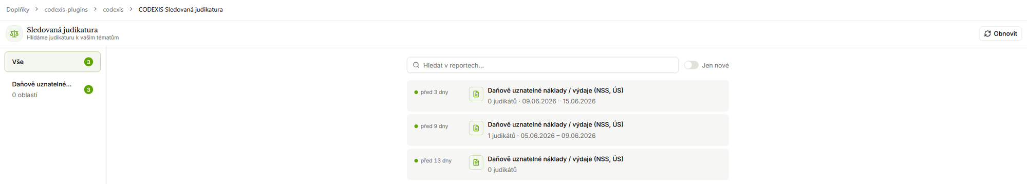 Redesign Sledované judikatury: seznam reportů
